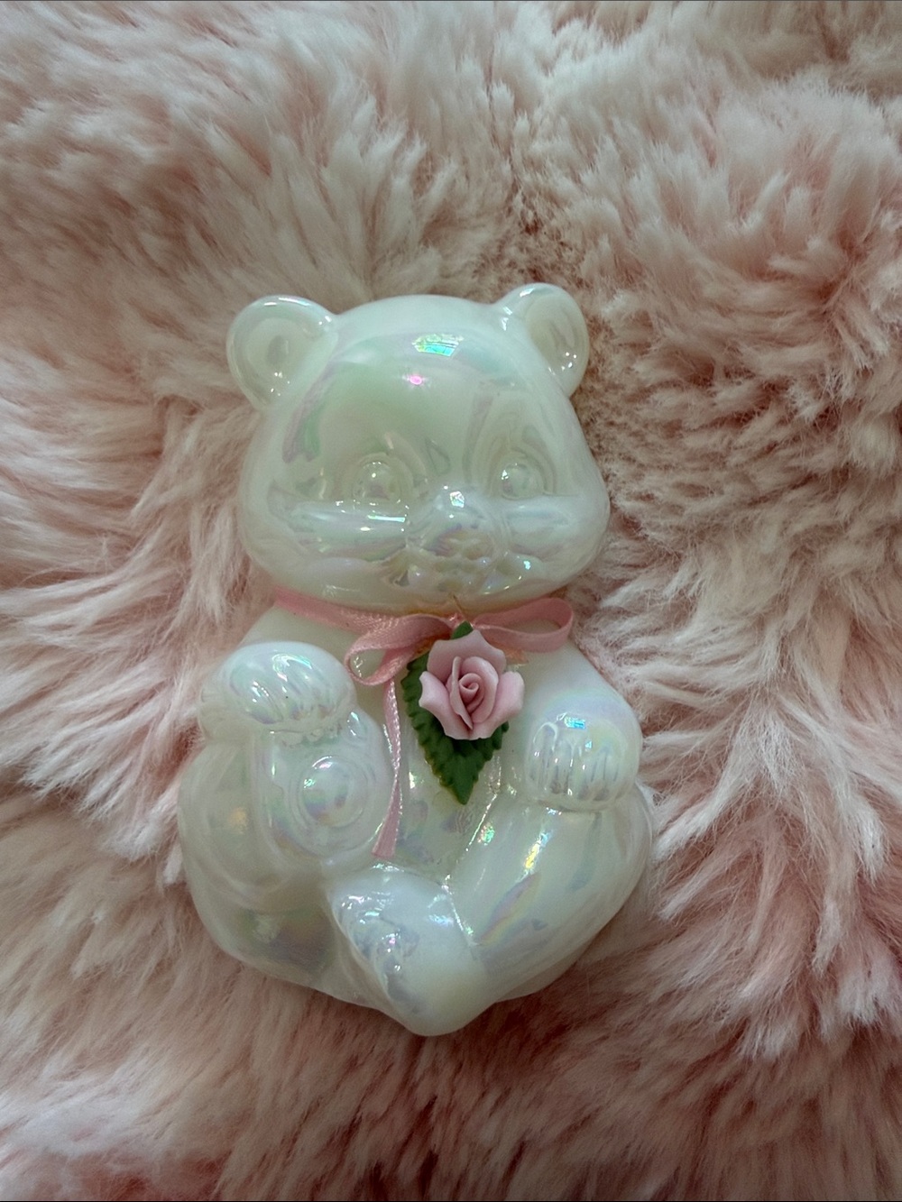 Iridescent Fenton Bear Figurine with Pink Rose